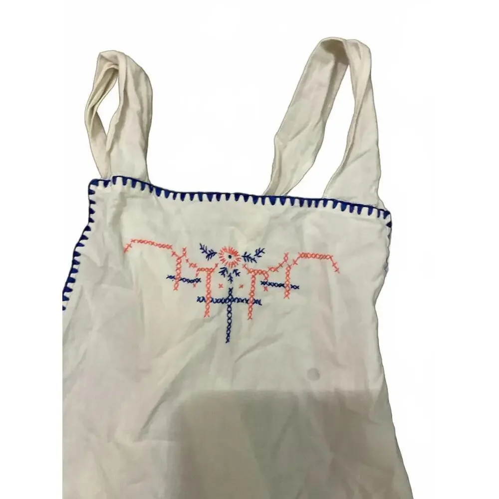 Vintage White Cotton Women's Apron with Blue and Pink Embroidery